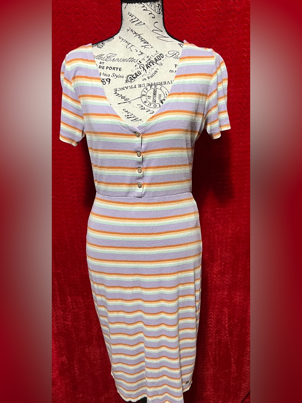 Roxy Striped V-Neck Midi Dress - Lavender, Peach, White